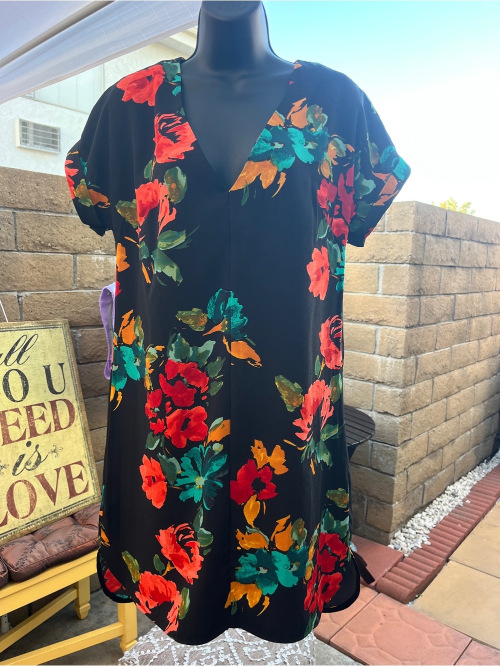 Black Floral V-Neck Midi Dress with Bold Multicolor Blooms